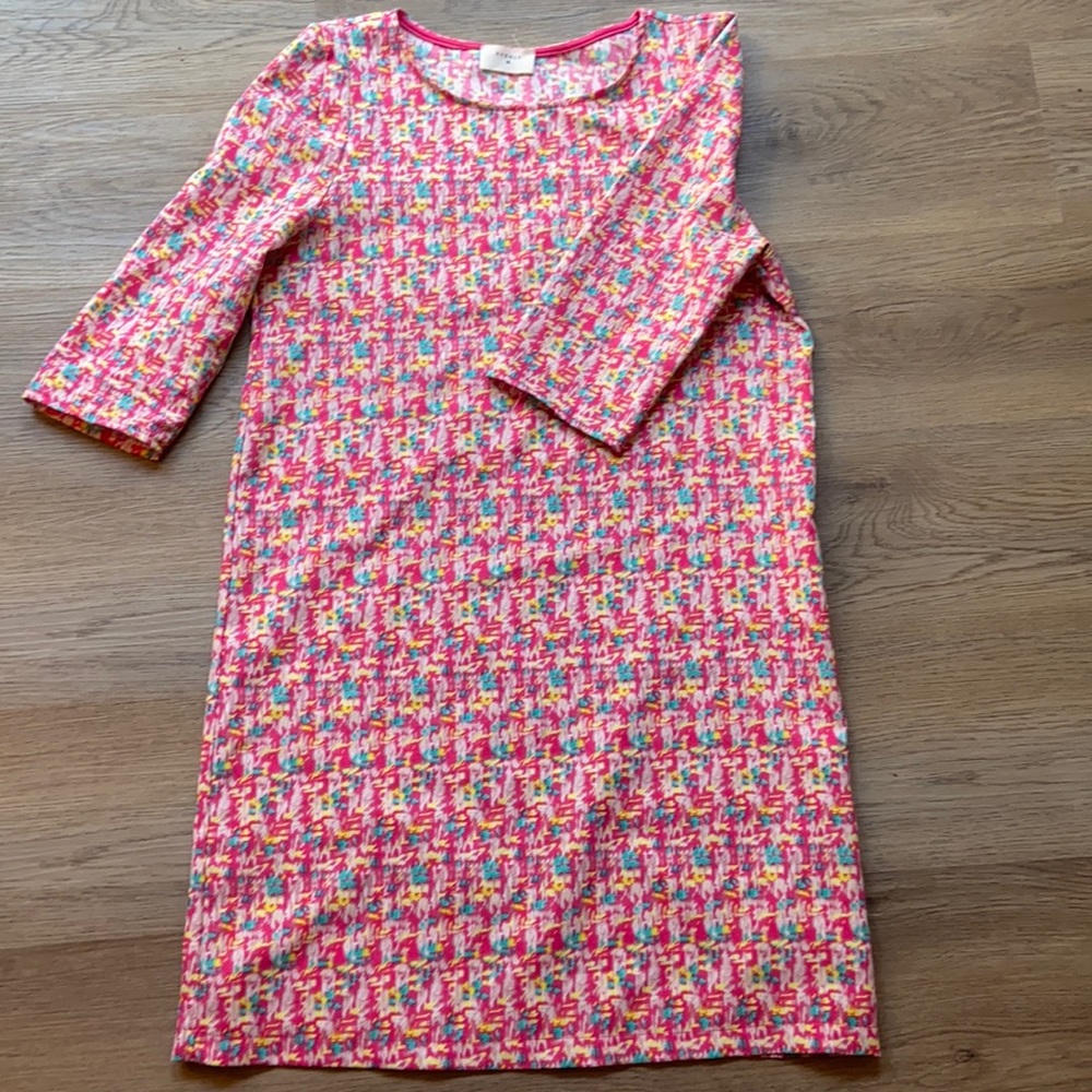 Pink mini dress w/ green, white, & yellow flecks